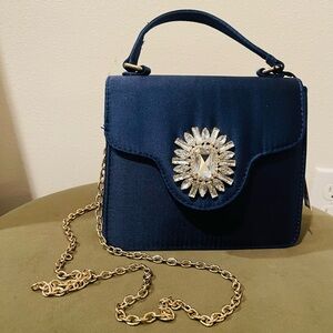 NWT Kate Landry Satin Bag Navy Blue with rhinestone brooch style embellishment